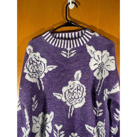 Vintage Glamour Knit Purple Silver Pullover Floral‎ Sweater Size 23x26 - Picture 2 of 9